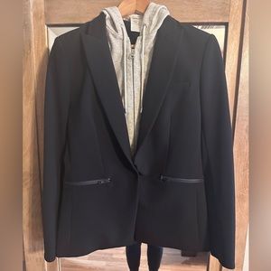 Veronica Beard Scuba blazer in black with grey hoodie Dickey.